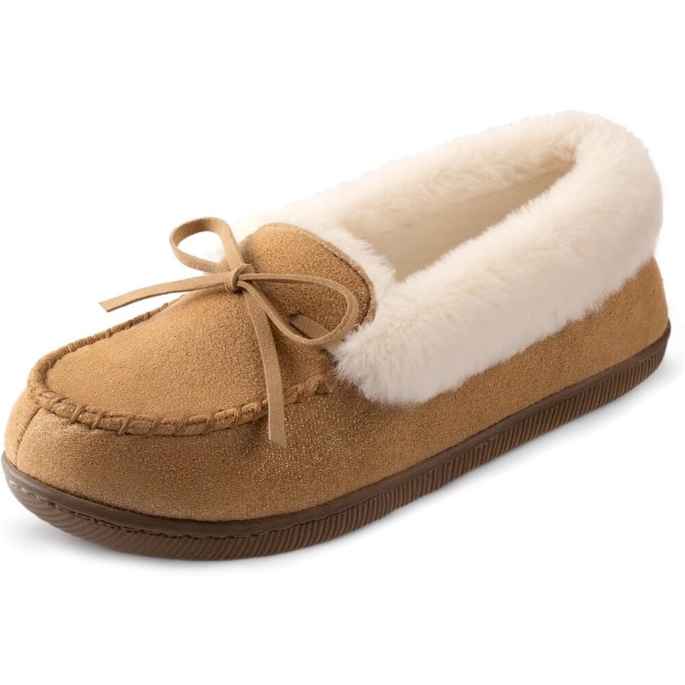 Women's Tan Glittered Moccasin Faux Fur Lining Wrap Rubber Sole Slipper Bootie